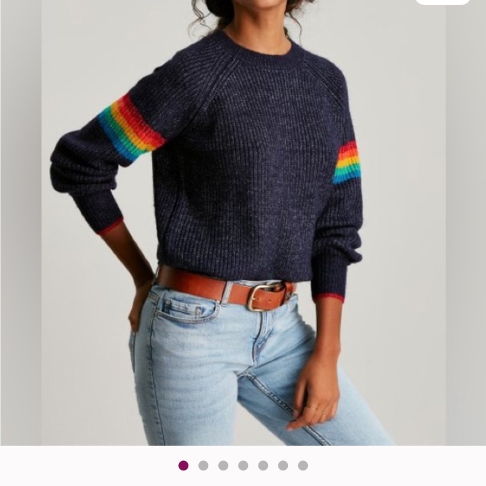 Joules Navy Sweater with Colorful Sleeve Stripes French Ribbed Rainbow 14 Womens